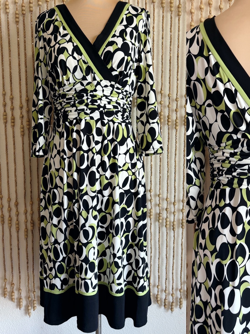 Y2K Mod Business Causal Black Green Wrap Front V Neck Ruched Fit Flare Dress LG